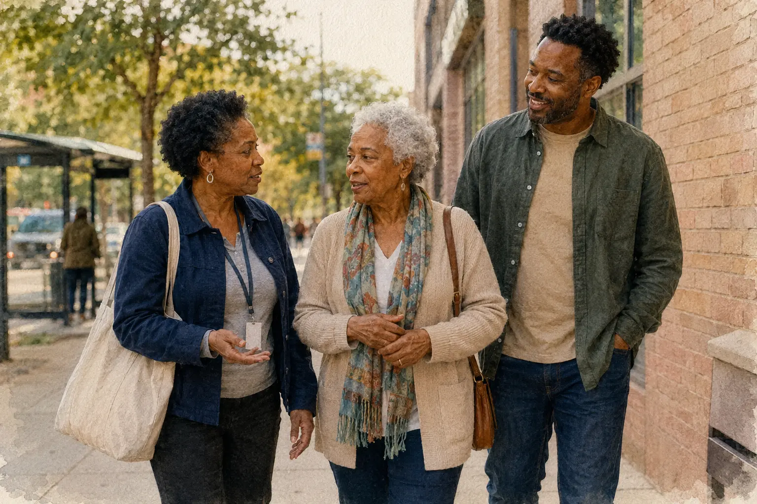 A community companion walking beside an older adult and caregiver outside a neighborhood clinic